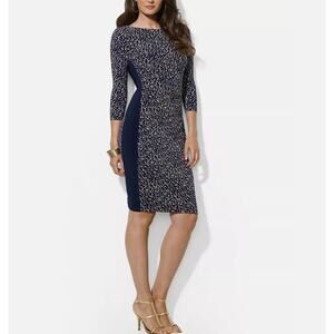 Lauren Ralph Lauren Navy Tan Contrast Panel Stretch Jersey Dress Womens Size 8